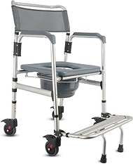 3-in-1 Aluminum Bedside Commode Toilet Shower Chair with Swivel Wheels 6.3 qt Bucket 4 Brake Casters