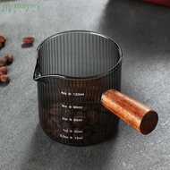 MAYWI Milk Cup, with Wood Handle Glass Espresso Cup, Easy to Clean Gray Multipurpose Vertical Grain Measuring Cup Milk Espresso Shot