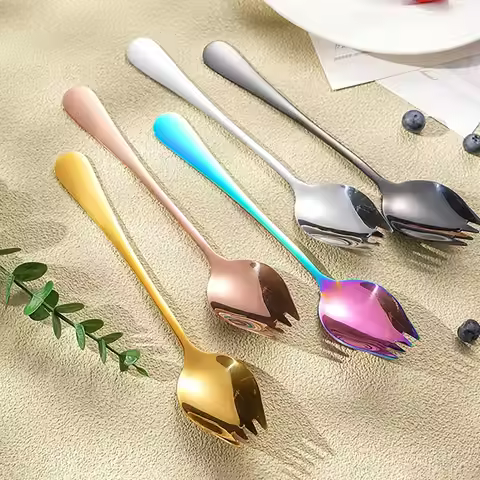 2 in 1 Salad Spoon Fork Long Handle Stainless Steel Soup Spoons 5 Colors Dishwasher Tableware Spork 