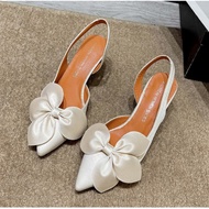 Women High Heels Satin Bow Flower Stilleto Potinted Heels 7cm Korean Ladies Sandals