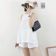 Set of camisole and shorts with buttons and slit in the back, Premium powdered Linen fabric, straigh