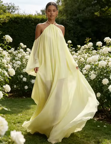 Whisper Lumi 2026 New Women's Halter Neck Long Sleeve Flowy Swing Maxi Dress Casual Vacation Beach D