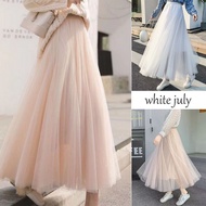 white july ฤดูร้อนตาข่ายนางฟ้ากระโปรงยาวสำหรับผู้หญิงเอวยางยืดสีขาวกระโปรงหวานกระโปรงแฟชั่นที่สวยงาม