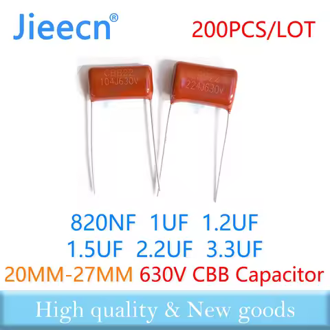 200PCS 630V 20MM 25MM 27.5MM 820NF 1UF 1.2UF 1.5UF 2.2UF 3.3UF 824J 105J 125J 155J 225J 335J CBB Pol