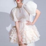 Vietnam Niche Dress Female Gentle Sweet Elegant Jacquard Bubble Ruffled Dress Skirt 9951