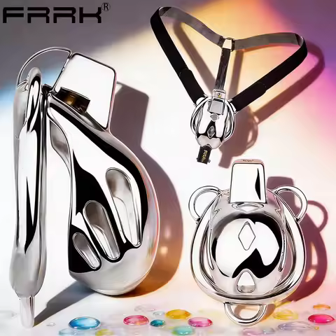 FRRK Small Cobra Silver Metal Chastity Cage with Elastic Restraint Belt Cock Ring BDSM Adult Play Er