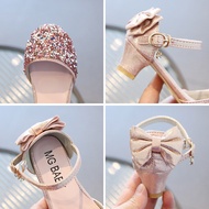 Children‘S Princess Sandals Rhinestones Bowknot Girls Wedding High Heels Shoes Gold Pink Silver Fashion Dress Shoes Kids SandalsTH