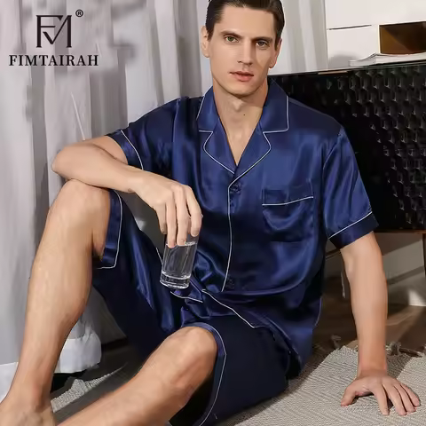 Fimtairah Real 19MM 100% Silk Pajamas Men's Summer Short Sleeve Solid Color Thin Home Wear Mulberry 