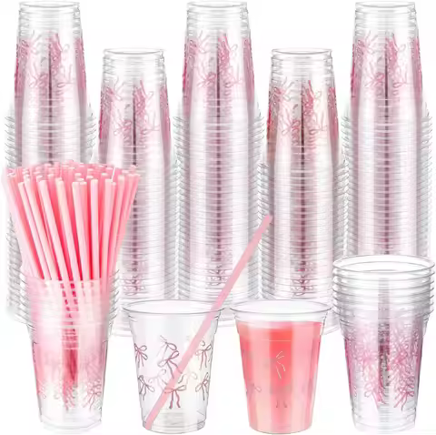 100 Pcs 12 oz Pink Bow Plastic Cups with Paper Straws for Party Supplies Disposable Coffee Cups Pink