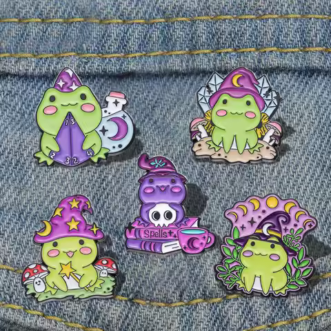 Wand Potion Moon Phase Pin Lapel Badge Animal Jewelry Gift for Kids Friends Witch Frogs Enamel Brooc