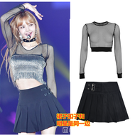 Blackpink Lisa สไตล์เลื่อม ตาข่าย เสื้อท่อนบน Stage Performance Dance ชุด ฮิปฮอป กระโปรง โพลีเอสเตอร