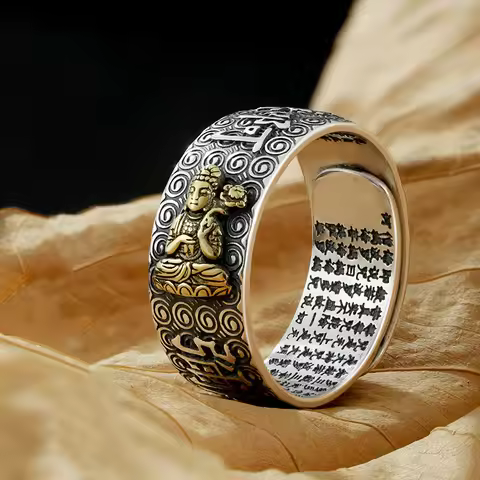 Namo Amitabha Ring Sterling Silver Embossed Retro Heart Sutra Buddha Ethnic Style Various Series 925