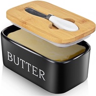 Porcelain Butter Dish with Bamboo Lid - Covered Butter Dish with Butter Knife for Countertop, Airtight Butter Container with Cover Perfect for East West Coast Butter, White