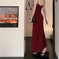 ANVERS | Women Suspender Dress high-end burgundy sexy long fishtail skirt DR0001