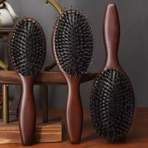 Boar Bristle Brush Wood Natural Hair Brush Dry Wet Detangle Wood Combs For Women Barber Beauty Care 