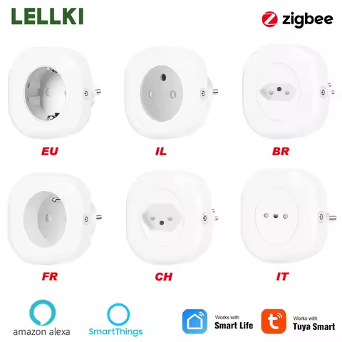 LELLKI Zigbee Power Plug Socket Zigbee2mqtt 10A EU Brazil French IL IT CH Remote Control With Tuya S
