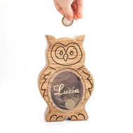 Wooden piggy bank, wooden owl, Customized gift coin bank, animal money box