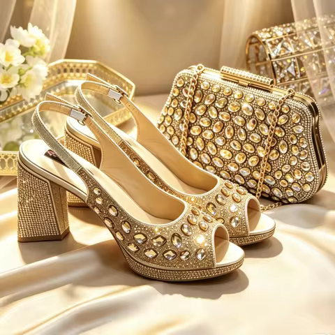 Rare Stylish Textured Peep Toe 9cm Sparkly Rhinestone Heels Bright Hue Ladies Matching Shoe Bag Set