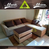 SOFA RUANG TAMU L MINIMALIS PLUS MEJA. BONUS 5 BANTAL. FULL BLUDRU.