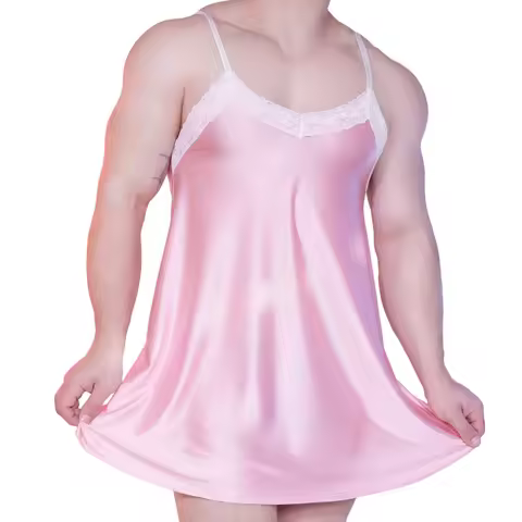 Mens Sissy Lingerie Lace Trim Exotic Babydolls Novelty Sleep Dress Men's Erotic Nightgown Silky Soft