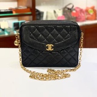未使用品！原始成色！收藏級！全新CHANEL Vintage 1992 Diamond-Quilted Mini Bag 香奈兒相機包,黑色荔枝皮金扣, #香榭站正品