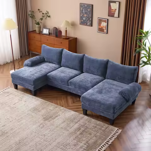 110" 4-Seat Sofa Set with Corduroy Fabric for Home Furniture Ocean Blue
