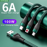 100W 6A Super Fast Charging Cable 3 in 1 USB Cable Quick Charging Wire USB C Android Fast Charger Mi