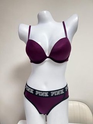 (Size: 38B) 特價 Last set 現貨原裝-Victoria's Secret PINK - Sexy silky Purple push up bra set with match silky panties 維密紫色內衣套裝