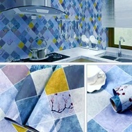 [10 Motif] Wallpaper Glossy Stiker Dinding Anti Minyak Anti Panas 5 m x 60 cm Garis Biru Pink Orange