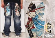 (硬骨頭)日本 絡繰魂 拔刀娘 妃那＆結愛 刺繡 三連袋 牛仔褲 和柄 (非華鳥風月 花旅樂團 鬼洗 地藏小王)藍白2色