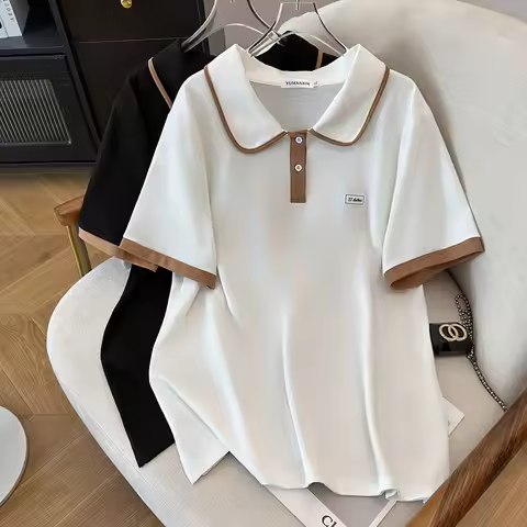 175Kg Plus Size Women's Bust 170 Summer Loose Lapel Top Short Sleeve T-Shirt Black White 6XL 7XL 8XL