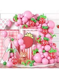 99入組粉紅草莓系列氣球拱門派對裝飾,包括粉色和綠色氣球,適用於生日主題派對場景佈置