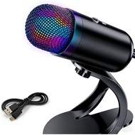 USB Microphone with RGB Light, 360 Degrees ° Omnidirectional Condenser Microphone, DSP Noise Reducti