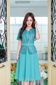 เดรสลูกไม้ดิ้น chiffon สีเขียว กรม ไซส์ M L XL XXL เดรสผู้หญิง เดรสเกาหลี เดรสทำงานสวยๆ เดรสแฟชั่น เ