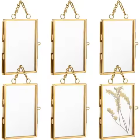 6Pcs Wall Hanging Mini Photo Frames 3.7x2.4 inch Double Glass Picture Frame with Chain Brass Folding