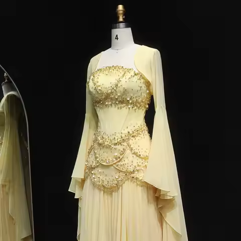 Sharon Said Elegant White and Yellow Chiffon Corset Celebrity Evening Dress with Jacket Flare Sleeve