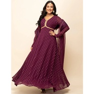 VHR Wine Georgette Printed Gown With Dupatta