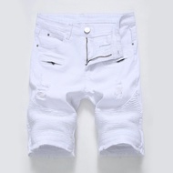 Lelaki zip renda seluar jeans kasual putih putih celana pendek langsing seluar pendek lelaki