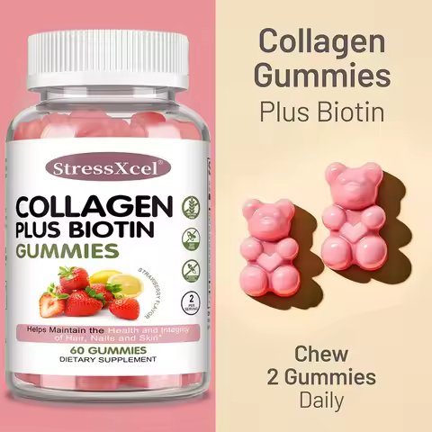 Collagen Gummies for Women Men, with Biotin Vitamin C E Biotin Zinc for Hair Skin Nails, Strawberry 