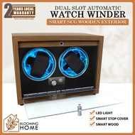 Dual Slot Wooden Automatic Watch Winder Storage Display Watch Box with Smart Stop and LED Light