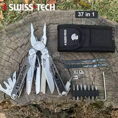 SWISS TECH 37 In 1 Multitool Pliers EDC Folding Multi Tool Scissors With Replaceable Saw Blade Outdo