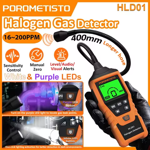 HLD01 Halogen Gas Leak Detector Rechargeable Level/Audio/Visual Alarms LED Light R134a R22 R12 High