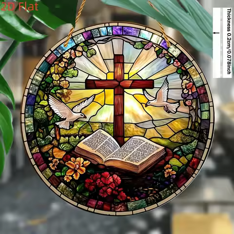 2D Flat, 2D Flat Crystal Sun Catcher with Cross and Dove - Religious Theme, Wall Hanging, No Electri