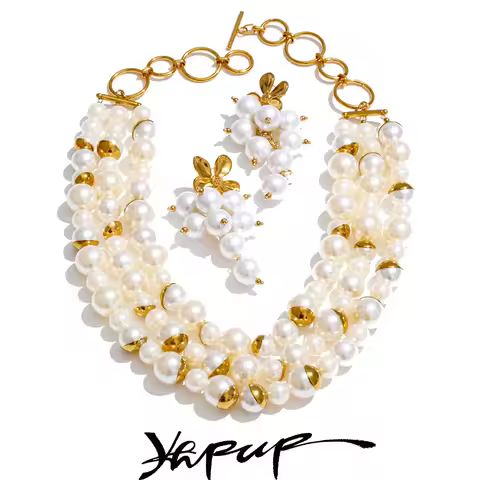 Yhpup Arrivals Handmade Jewelry Simulated Pearls Round Beads Chain Layered Necklace Earrings Stainle