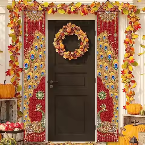 VIKAMA Diwali Festival Happy Gateway Banner Indian Diwali Festival Peacock Front Porch Welcome Sign