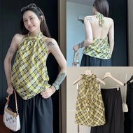 Y9270 2-Piece Set Sleeveless Shirt Beautiful Yellow Plaid Pattern Back Decorated With A Bow Tie At T