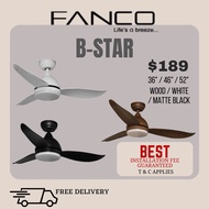 Fanco Bstar ceiling fan with light 36/46/52 inch dc motor with 3 tone led light and remote control , black , wood, white