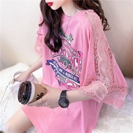 Fashion Hollow Lace Stitching Short-Sleeved T-Shirt Women Korean Version Pink Top T-Shirt Half-Sleeved Niche Design Feeling ins Bo