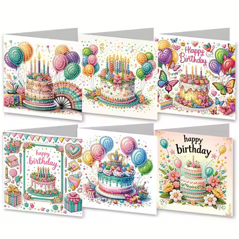 6-Piece DIY Diamond Painting Greeting Card with Envelope, Wishes and Wishes, Birthday Theme Unique D