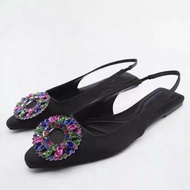 Zara's Summer New Style Fashion Women's Shoes Black Color Diamond Decoration Details Halter Flat Shoes Sandals Women